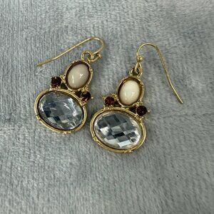 Gold-Tone Dangle Earrings With Faceted Clear & Cream Stones Pierced Womens